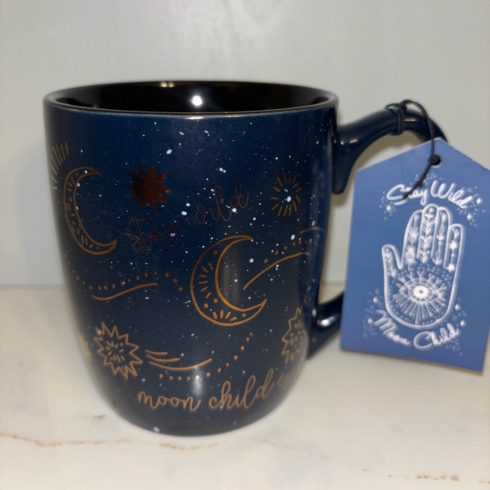 Stay Wild Moon Child Navy Blue Black Gold Wandering Moon Coffee Mug Cup Star NWT